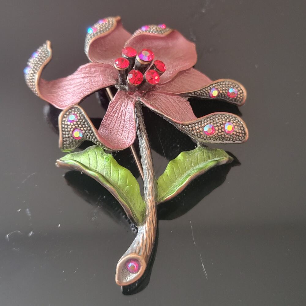 Vintage Red Rose Flower Rhinestone Brooch with Leaves and Stems. Really Nice